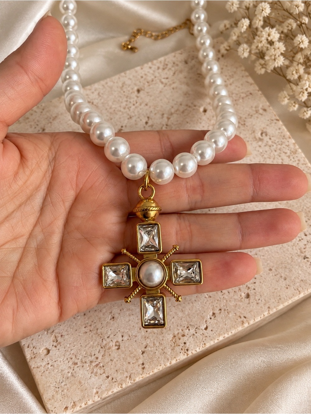 White Pearl Necklace with Gold Cross Charm